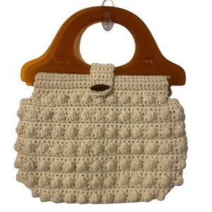 Vintage 60s Ivory Crochet Puff Stitch Handbag with Brown Lucite Handles